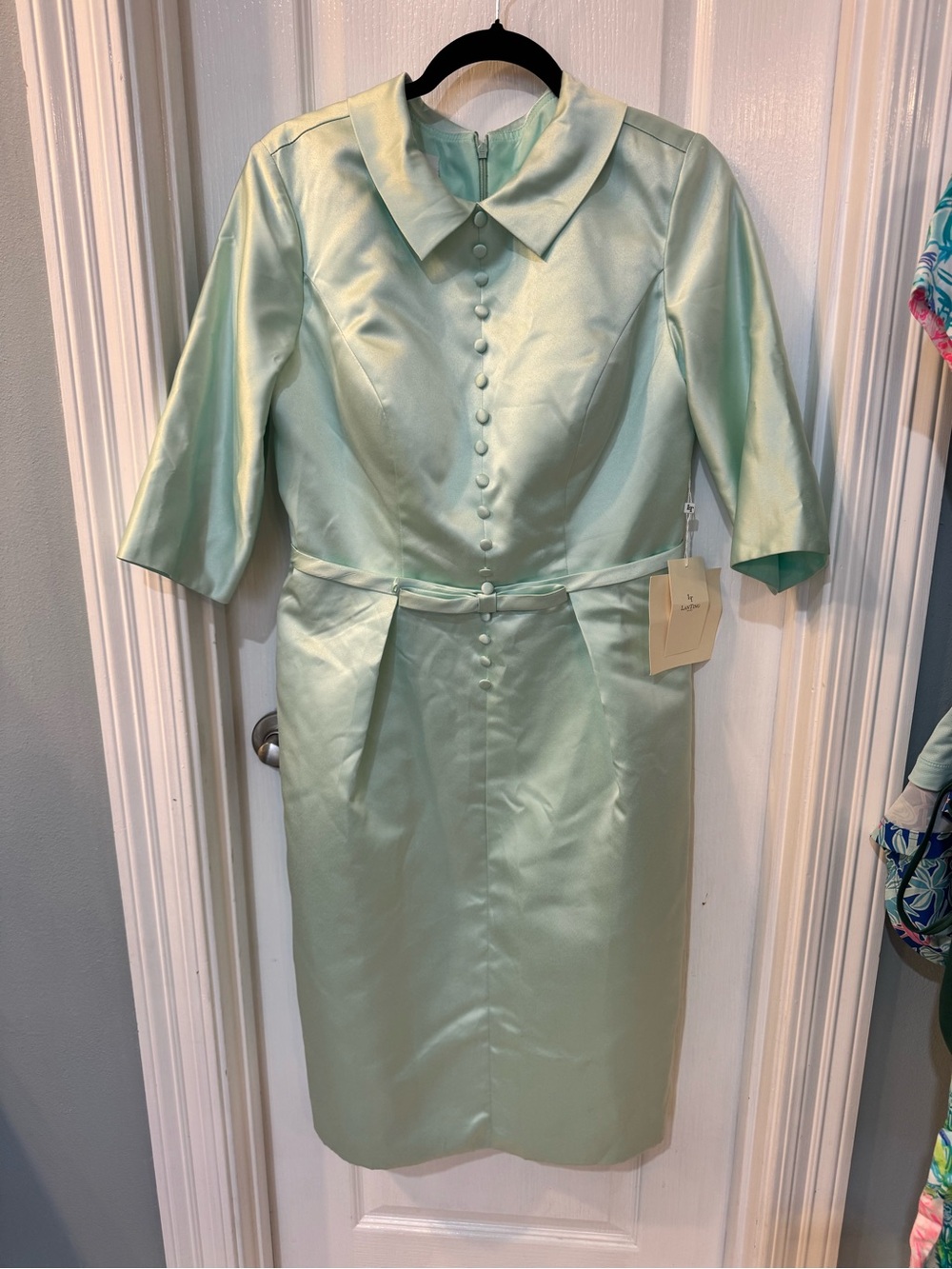 NWT LAN TING BRIDE Mint Green Satin Sheath Dress Vintage 60s Style 3/4 Sleeve